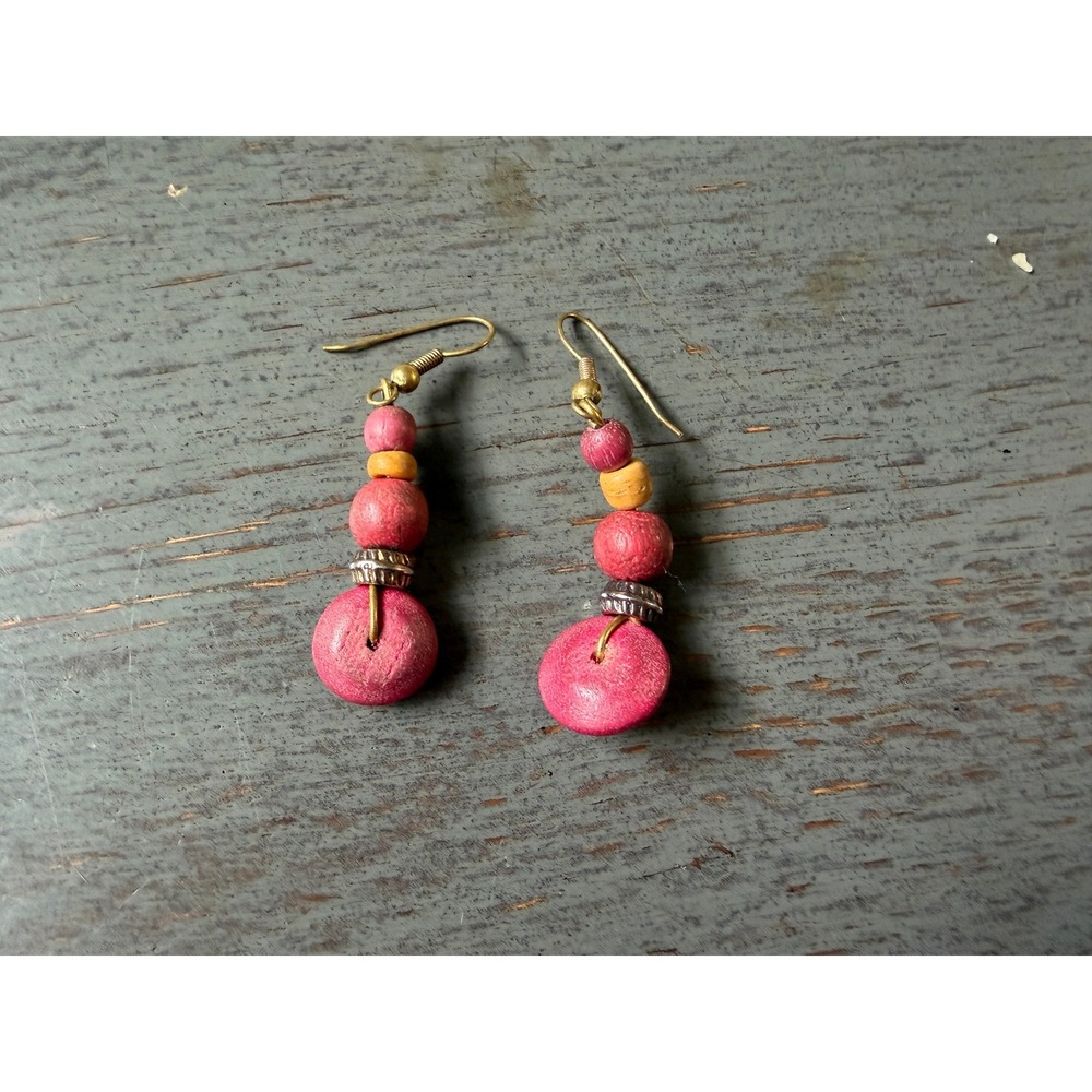 Boho Pink Yellow Wood Bead Drop Earrings Gold Tone Dangle Artisan Jewelry